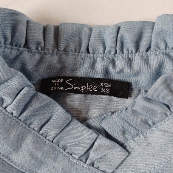 Simplee Womens Top Light Blue Mock Neck Puff Sleeve Folk Blouse Shirt Size XS - Picture 3 of 7